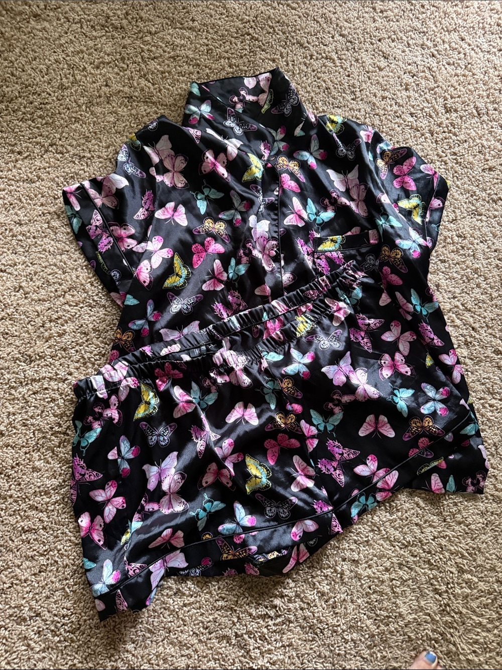 INC International Concepts Black Satin Butterfly Short Pajama Set